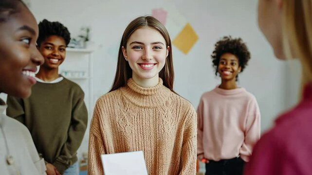 Smiling teens in discussion, creative space