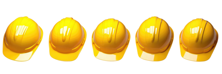 Five Yellow Hard Hats for Construction Safety in a Professional Workplace Setting on transparent background