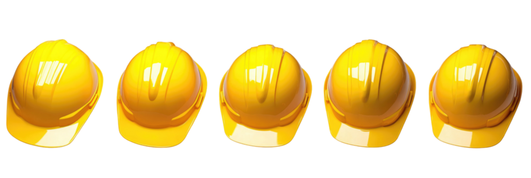 Five Yellow Hard Hats for Construction Safety in a Professional Workplace Setting on transparent background