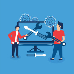 Computer repair concept with people