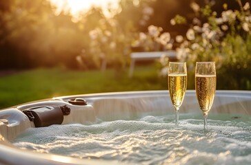 A hot tub with two glasses of champagne on the table, against a backdrop of green grass and blurred flowers.