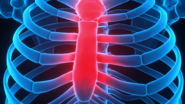 Ribcage with spinal column glowing in red scan