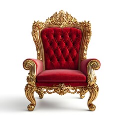 A red and gold royal throne chair, front view, white background, hyper-realistic photography.