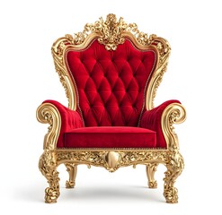 A red and gold royal throne chair, front view, white background, hyper-realistic photography.