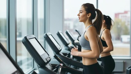 Running workout session indoor gym fitness activity urban environment side view health and wellness lifestyle