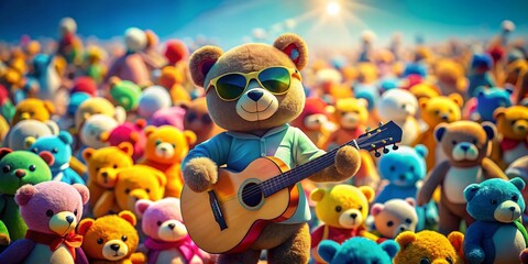 Fototapeta premium Cool Bear Guitarist: Drone Shot of Toy Bear Band with Stuffed Animal Friends