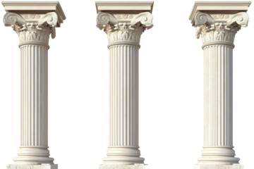 Set of Three Classical Roman Columns with Decorative Capitals in a Bright Setting on transparent background
