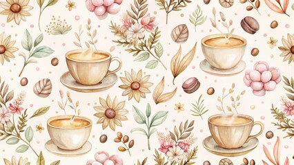 A Delightful Watercolor Pattern Featuring Cups of Coffee and Autumnal Floral Arrangements