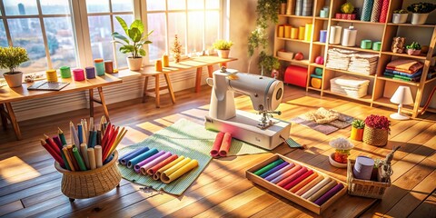 Cozy Aerial View: Sewing Studio with Fabric Swatches & Design Samples