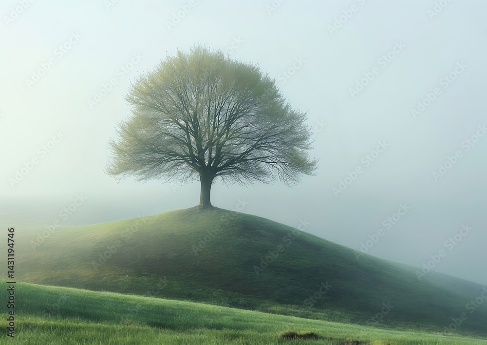 Poster 朝霧の中に佇む丘の上の木 太陽光と影が織りなす幻想的な風景