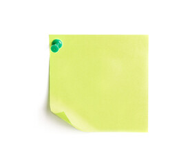 Blank yellow sticky note with push pin isolated on white background