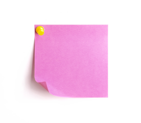 pink blank sticky note paper with pin isolated on white background