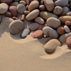 Smooth, colorful stones are scattered across a sandy beach, illuminated by bright sunlight.