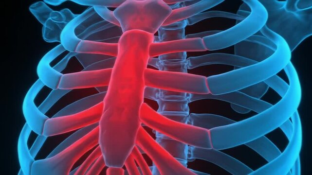 Spinal column and ribcage in red-blue 3D medical scan
