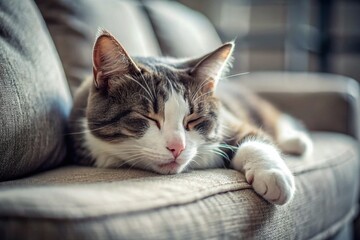 Naklejka premium Cozy Grey and White Cat Napping on a Sofa - Adorable Pet Stock Photo