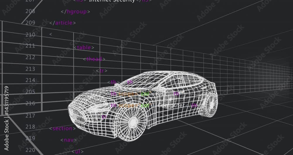 Poster white wireframe car model rotating on perspective grid floor, showing colored html code overlay