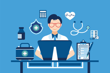 Online medical services, online medical consultation. Man at computer asking for medical advice