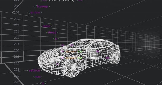White wireframe car model rotating on perspective grid floor, showing colored HTML code overlay