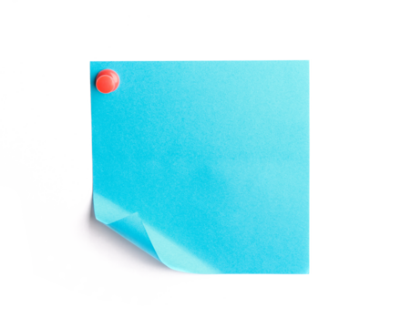 Blank blue sticky note with curled corner isolated on white background