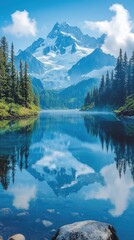 Mountain reflecting in calm lake surrounded by trees on a sunny day.