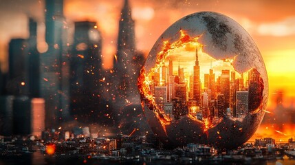 Fototapeta premium A surreal portrayal of a city inside a cracked, fiery egg against a sunset backdrop.