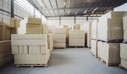 Stacks of beige-colored polystyrene foam and mattresses in a warehouse with pallets for production, a panoramic view.