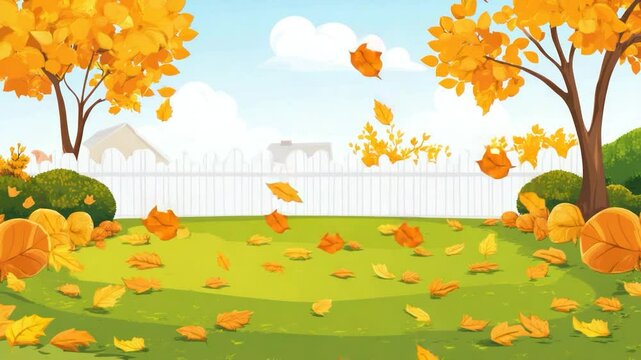 Autumn leaves fall on lawn behind white fence