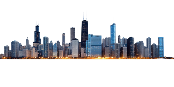 Stunning Chicago Skyline at Night with Illuminated Skyscrapers and Vibrant City Lights on transparent background