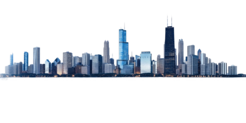 Chicago Skyline at Dusk: Iconic Architecture Illuminated Against the Evening Sky on transparent background