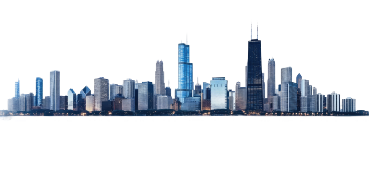 Chicago Skyline at Dusk: Iconic Architecture Illuminated Against the Evening Sky on transparent background