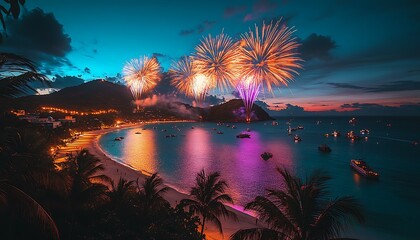 Breathtaking beachfront fireworks display over tropical island paradise at dusk celebration