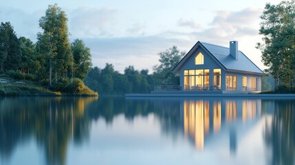Fototapeta premium Modern house by serene lake at twilight, showcasing beautiful reflections and tranquility.