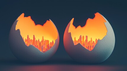 Two cracked eggs reveal a glowing cityscape, symbolizing new beginnings and creativity.