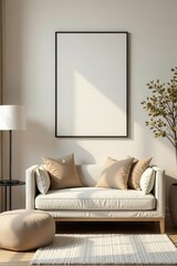 Beige sofa, black console table, pouf, poster frame Elegant living room mockup , wall decor, luxury, airy