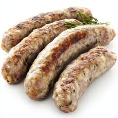 Grilled Sausages with Rosemary Sprig on White Background Delicious Meat Food Photography Close Up Studio Shot Culinary