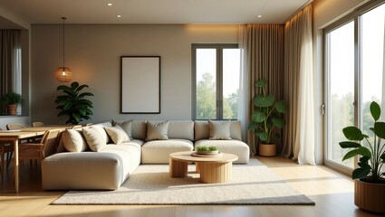 Surreal and vibrant cinematic living room interior showcasing stylish elements and artistic touches for a unique and inviting environment
