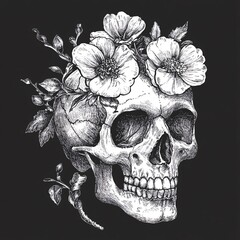 A Striking Black and White Engraving of a Skull with Flowers