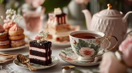 Fototapeta premium Elegant Porcelain Tableware Arrangement with Steaming Coffee and Delicate Cake – Inviting Daytime Visual for Hospitality Branding