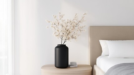 Black Vase with White Blooms Minimalist Modern Style High-Resolution Lighting Close-up Still Life Simple Bedroom Setting Calm Neutral Tones Ideal for Home Decor Ads