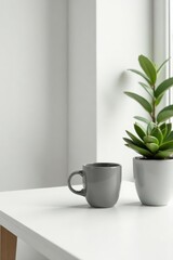 Bright white desk, succulent, gray coffee mug, ample copy space Panoramic view , organization, remote work