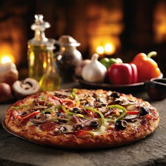 Assorted topping pizza on a stone surface in a cozy kitchen with warm lighting