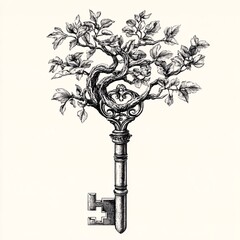 Antique key transforming into delicate tree branches in black and white engraving