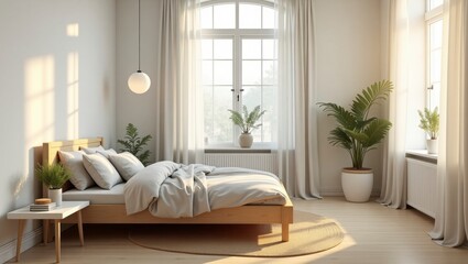 Surreal and vibrant cinematic photograph of a serene bedroom with dreamy colors and soft lighting offering an inviting relaxation space