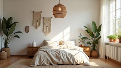 A modern bedroom with a comfortable bed surrounded by soft textiles and minimalist decor, creating a calm and inviting space for relaxation