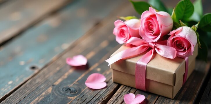 Delicate pink roses and a tied gift box on aged wood, Mother's Day theme , blossom, pink rose bouquet, wood