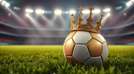 A close-up photo of a soccer ball with a golden crown on top, sitting on a lush green grass field