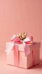 Obraz premium Elegant pink ribbon bow with flower buds atop gifts, peach background , flowers, texture, banner