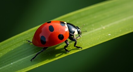 Fototapeta premium Ladybug Macro: Morning Light on Leaf Close-up macro of a red ladybug walking across a green leaf with its shell and legs illuminated by fresh morning light, ideal for nature, luck, and insect related 