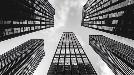 Fototapeta premium Black and white low angle view of modern skyscrapers against cloudy sky