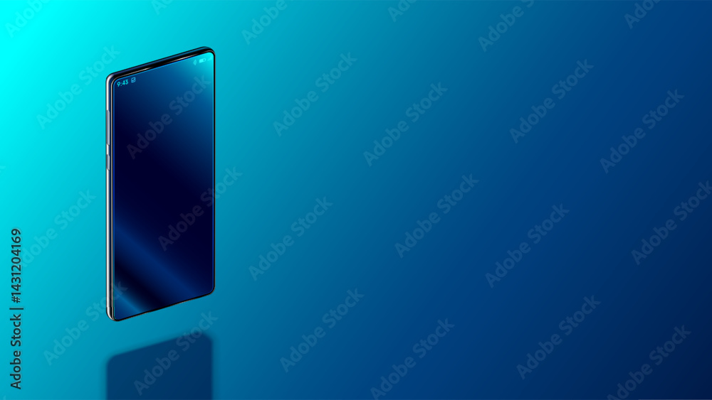 Poster Modern vertical smartphone floating over table with smooth dark blue surface in perspective view with reflection. Realistic vector illustration isometric phone. Mock up or template shiny phone.